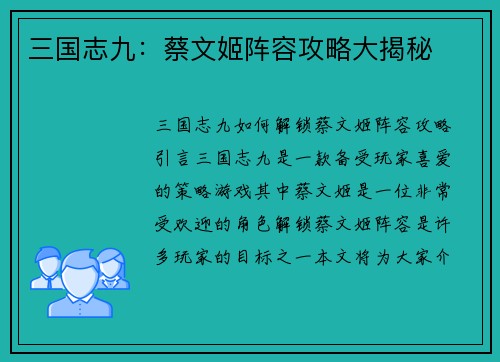 三国志九：蔡文姬阵容攻略大揭秘